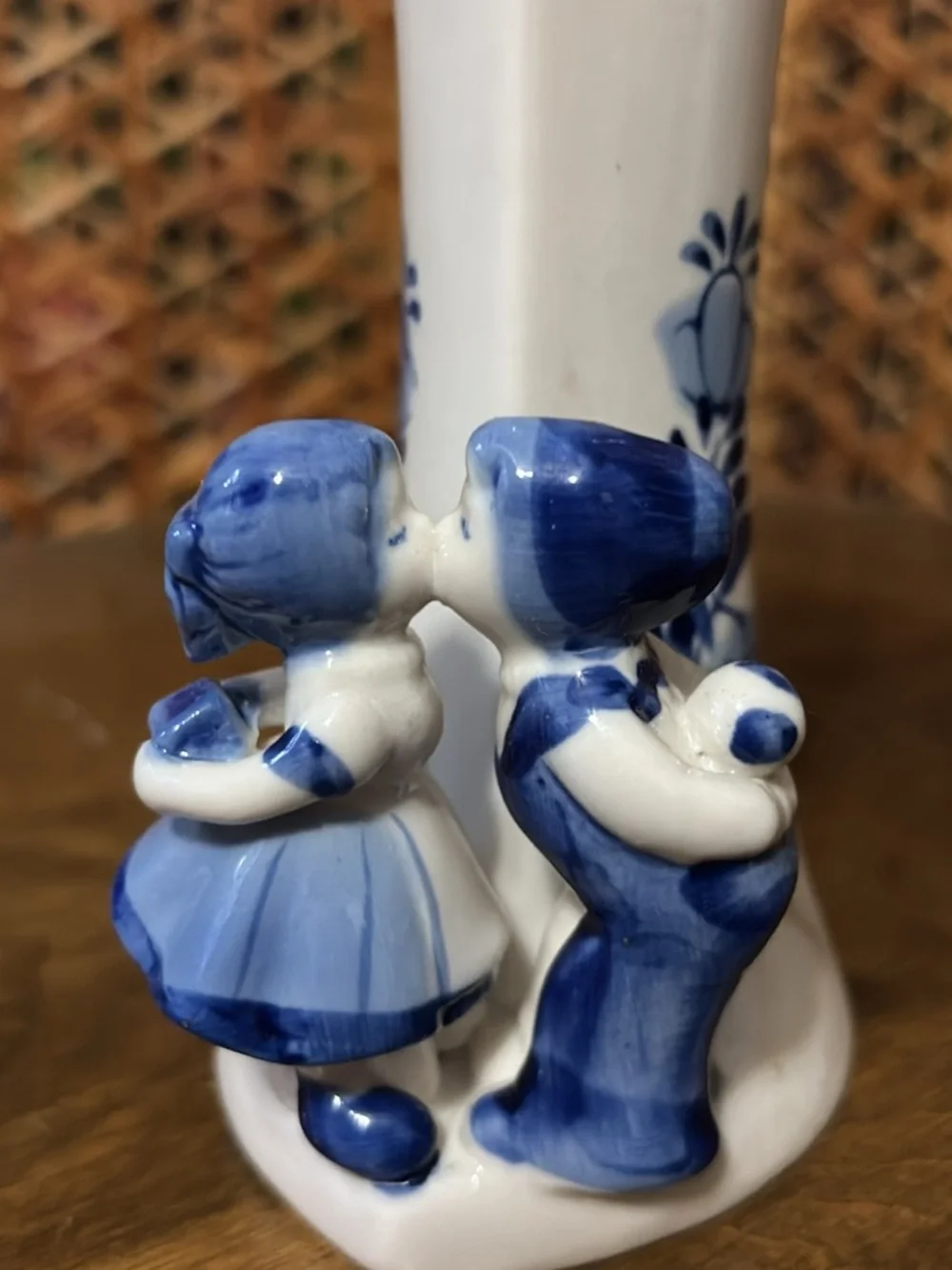 Blue and White Ceramic Kissing Children Candle Holder - Unbranded